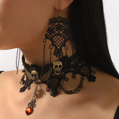 Halloween Lace Skull Necklace and Earrings Jewelry Set - Goddess Vibes