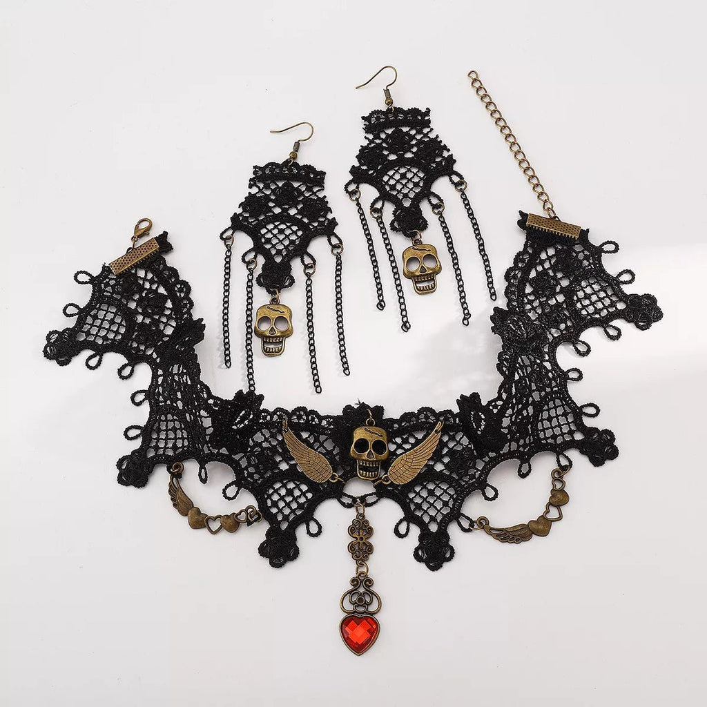 Crowned Energy CO. Black / One Size Trendsi Jewelry Halloween Lace Skull Necklace and Earrings Jewelry Set