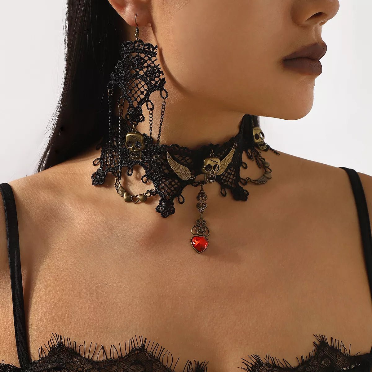Halloween Lace Skull Necklace and Earrings Jewelry Set - Goddess Vibes