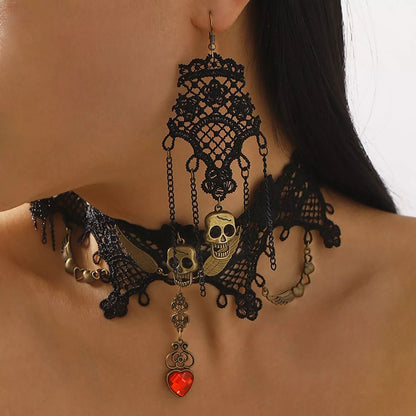 Halloween Lace Skull Necklace and Earrings Jewelry Set - Goddess Vibes
