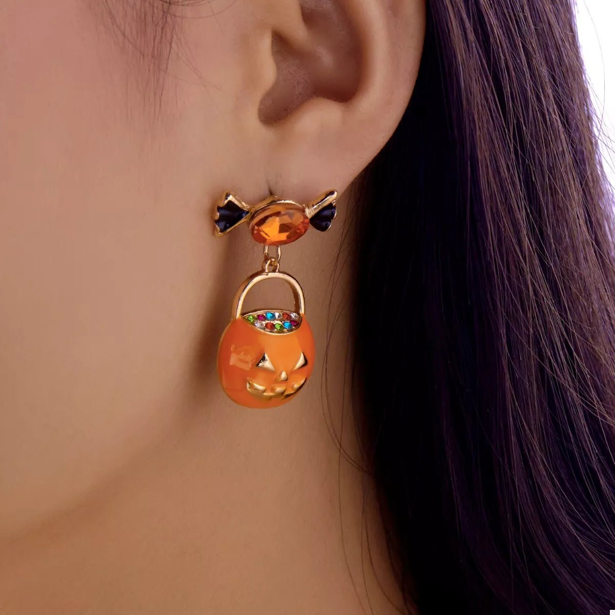 Halloween Rhinestone Pumpkin Dangle Earrings - Goddess Vibes