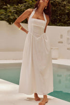 Halter Solid Pockets Sleeveless A Line Long Dress - Goddess Vibes