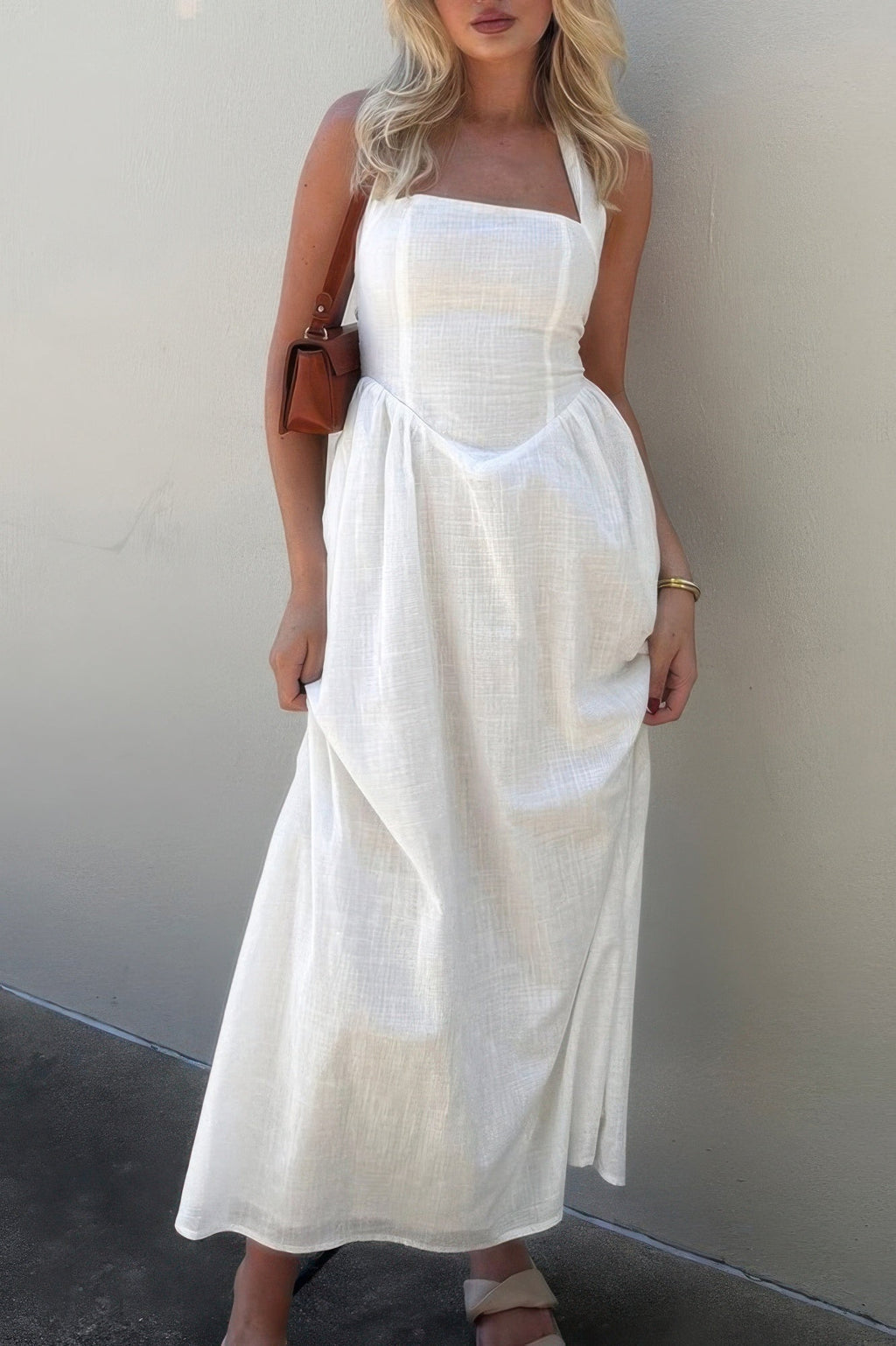 Halter Solid Pockets Sleeveless A Line Long Dress - Goddess Vibes