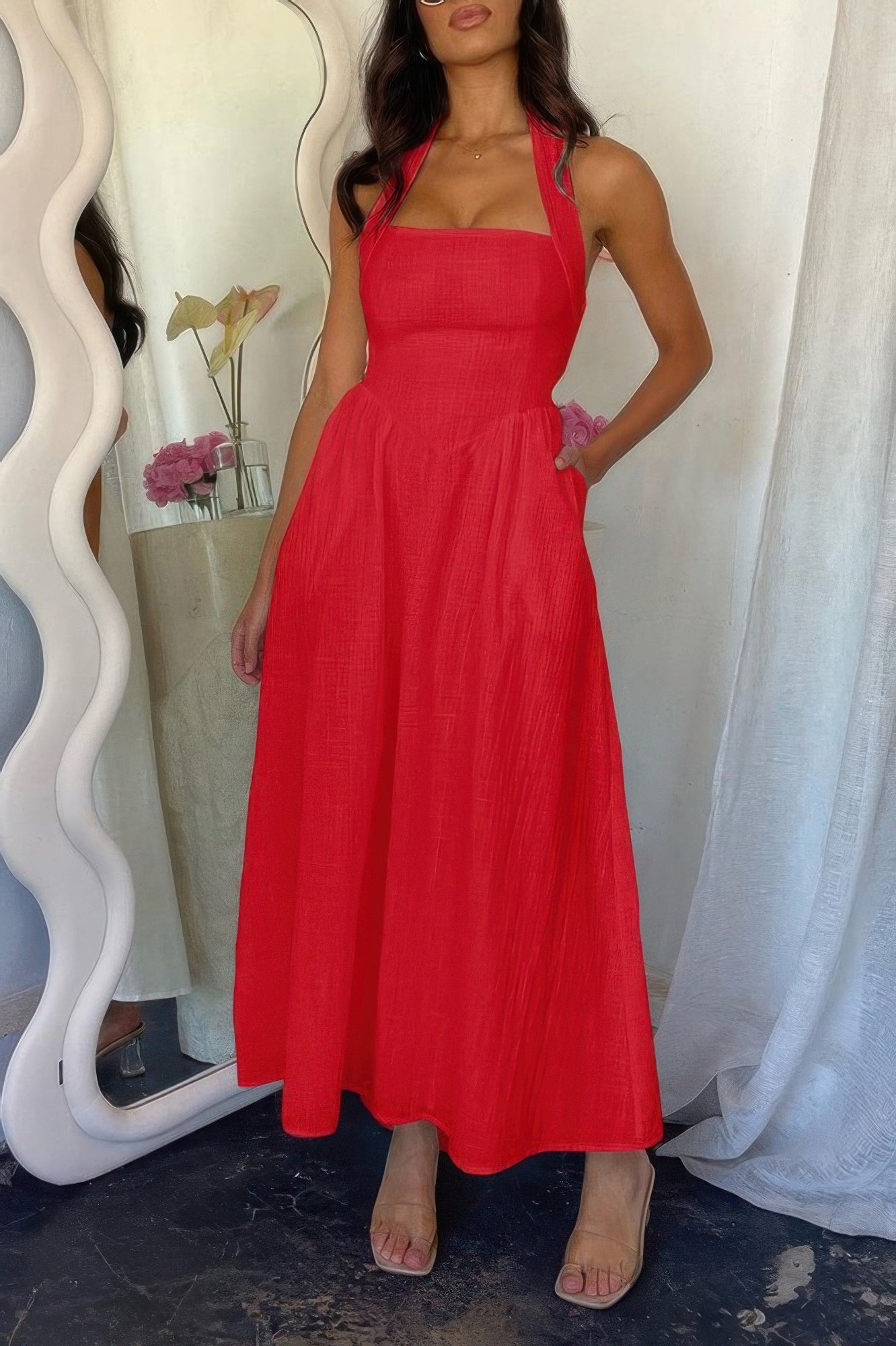 Halter Solid Pockets Sleeveless A Line Long Dress - Goddess Vibes