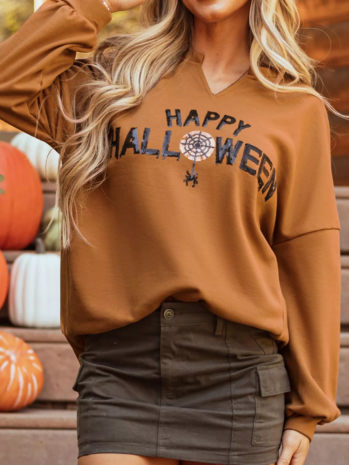Happy Halloween Graphic Notched Long Sleeve Loose Top - Goddess Vibes
