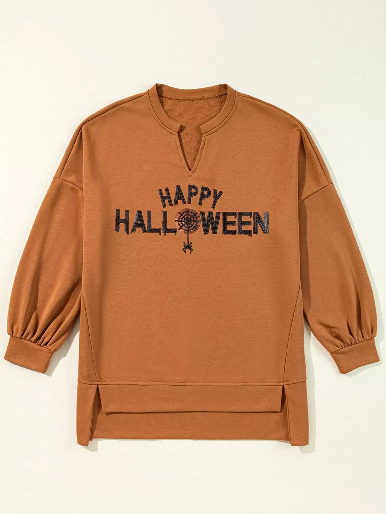 Crowned Energy CO. Terracotta / S Trendsi Sweaters & Cardigans/Cardigans Happy Halloween Graphic Notched Long Sleeve Loose Top