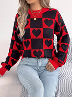 Heart Checkerboard Pattern Round Neck Sweater - Goddess Vibes