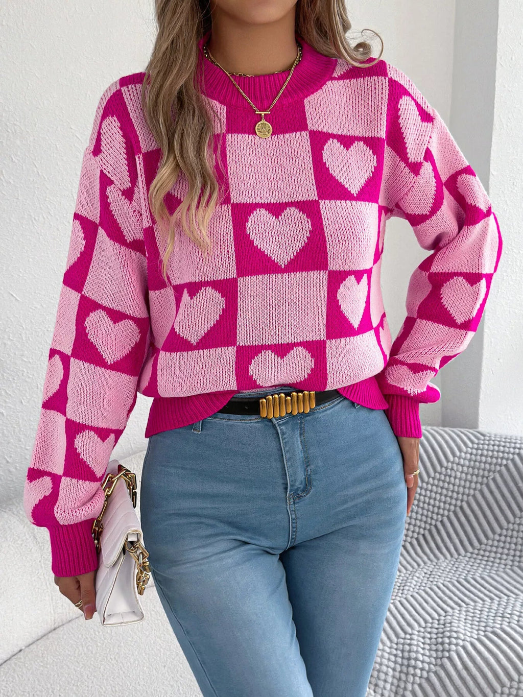 Heart Checkerboard Pattern Round Neck Sweater - Goddess Vibes