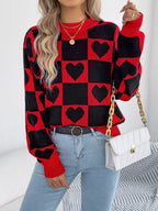 Heart Checkerboard Pattern Round Neck Sweater - Goddess Vibes