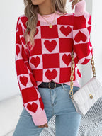 Heart Checkerboard Pattern Round Neck Sweater - Goddess Vibes