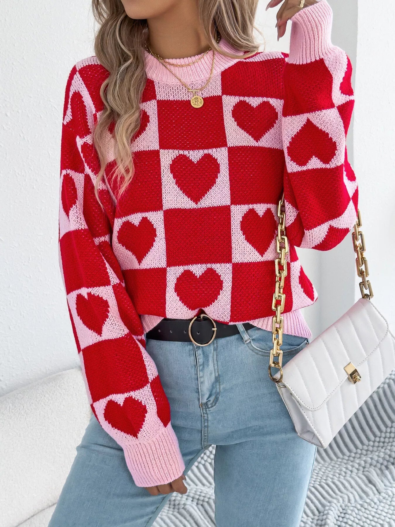 Heart Checkerboard Pattern Round Neck Sweater - Goddess Vibes
