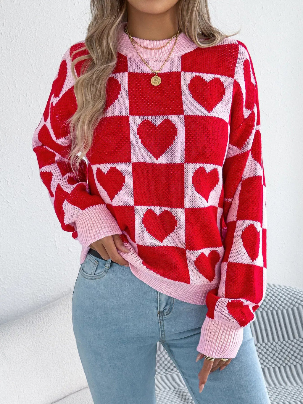 Heart Checkerboard Pattern Round Neck Sweater - Goddess Vibes