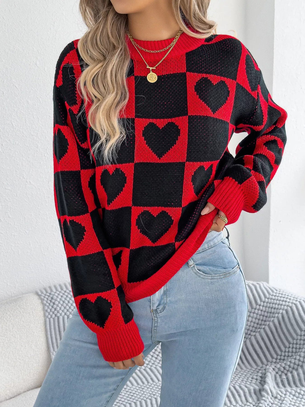 Heart Checkerboard Pattern Round Neck Sweater - Goddess Vibes