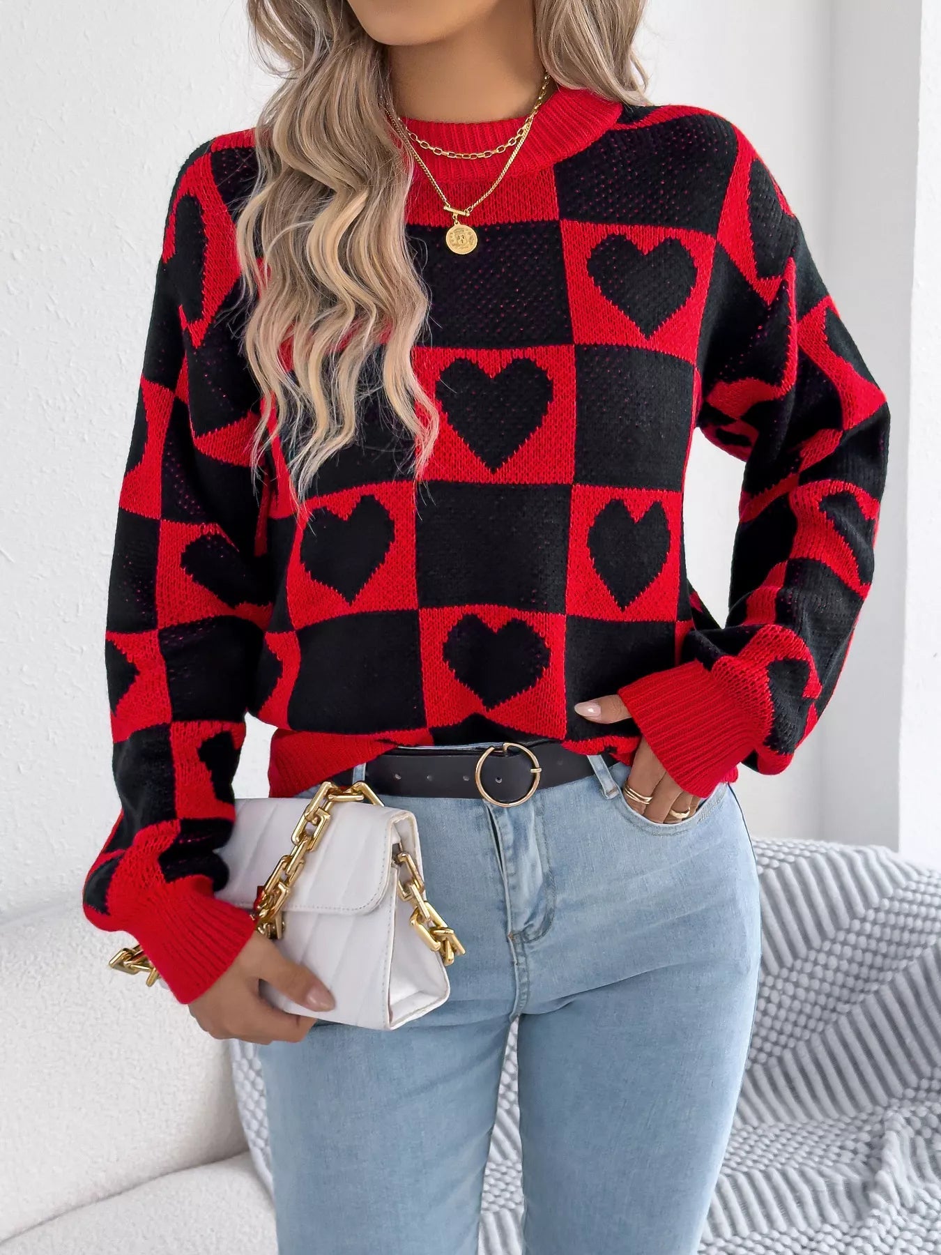 Heart Checkerboard Pattern Round Neck Sweater - Goddess Vibes