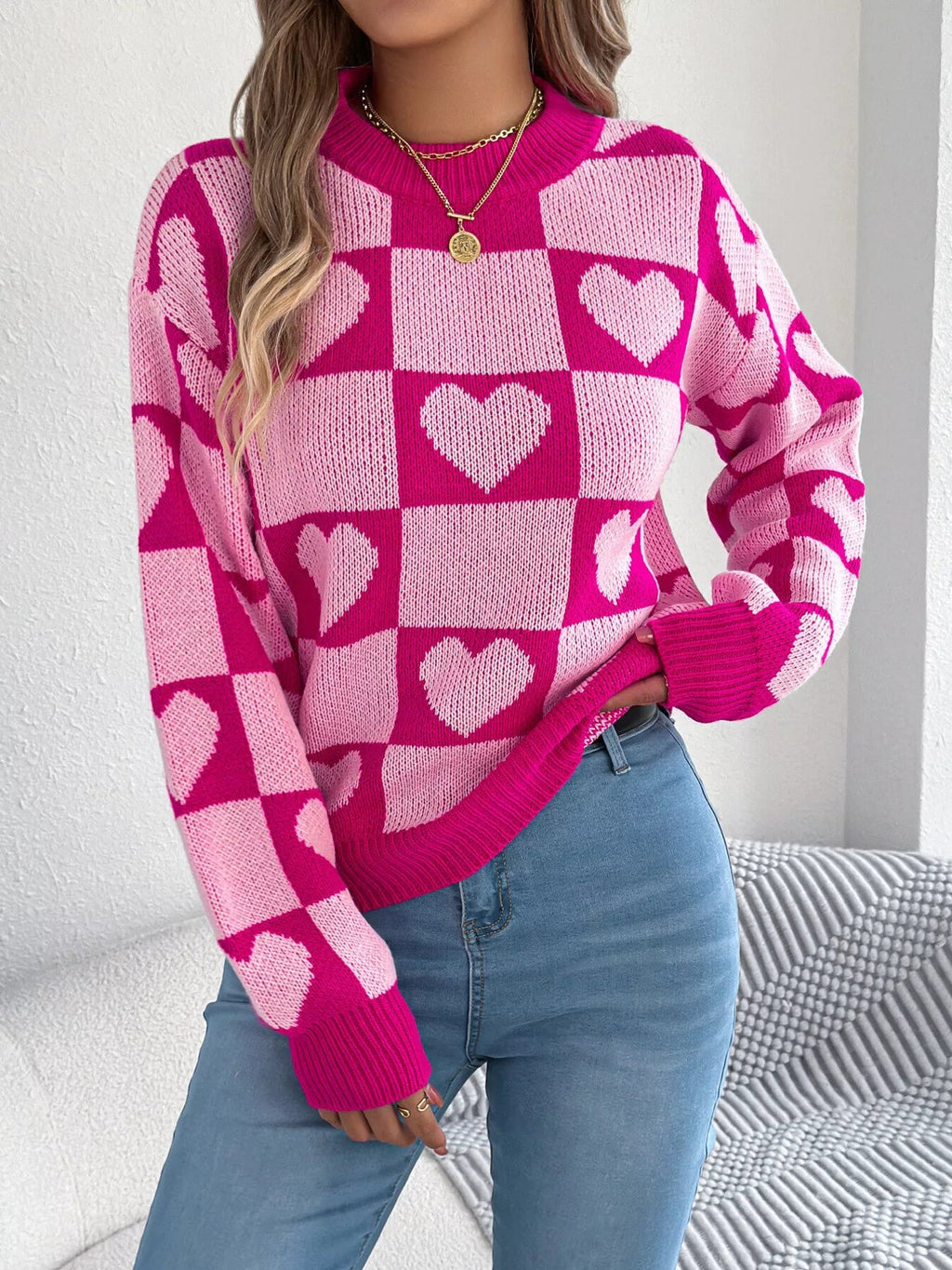 Heart Checkerboard Pattern Round Neck Sweater - Goddess Vibes