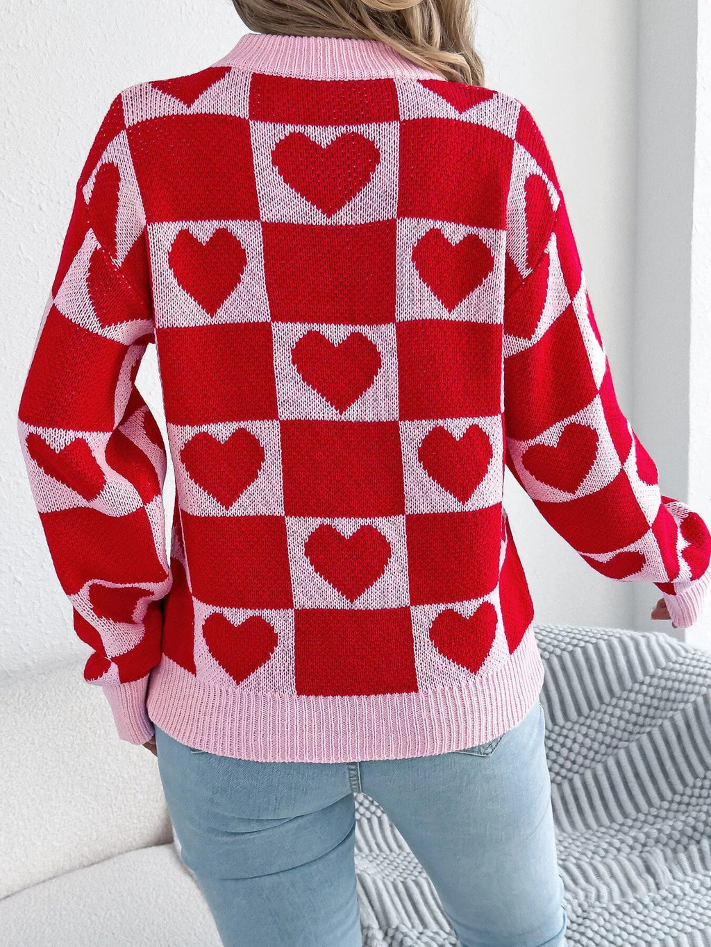 Heart Checkerboard Pattern Round Neck Sweater - Goddess Vibes