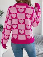 Heart Checkerboard Pattern Round Neck Sweater - Goddess Vibes