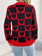 Heart Checkerboard Pattern Round Neck Sweater - Goddess Vibes