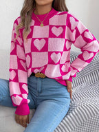 Heart Checkerboard Pattern Round Neck Sweater - Goddess Vibes