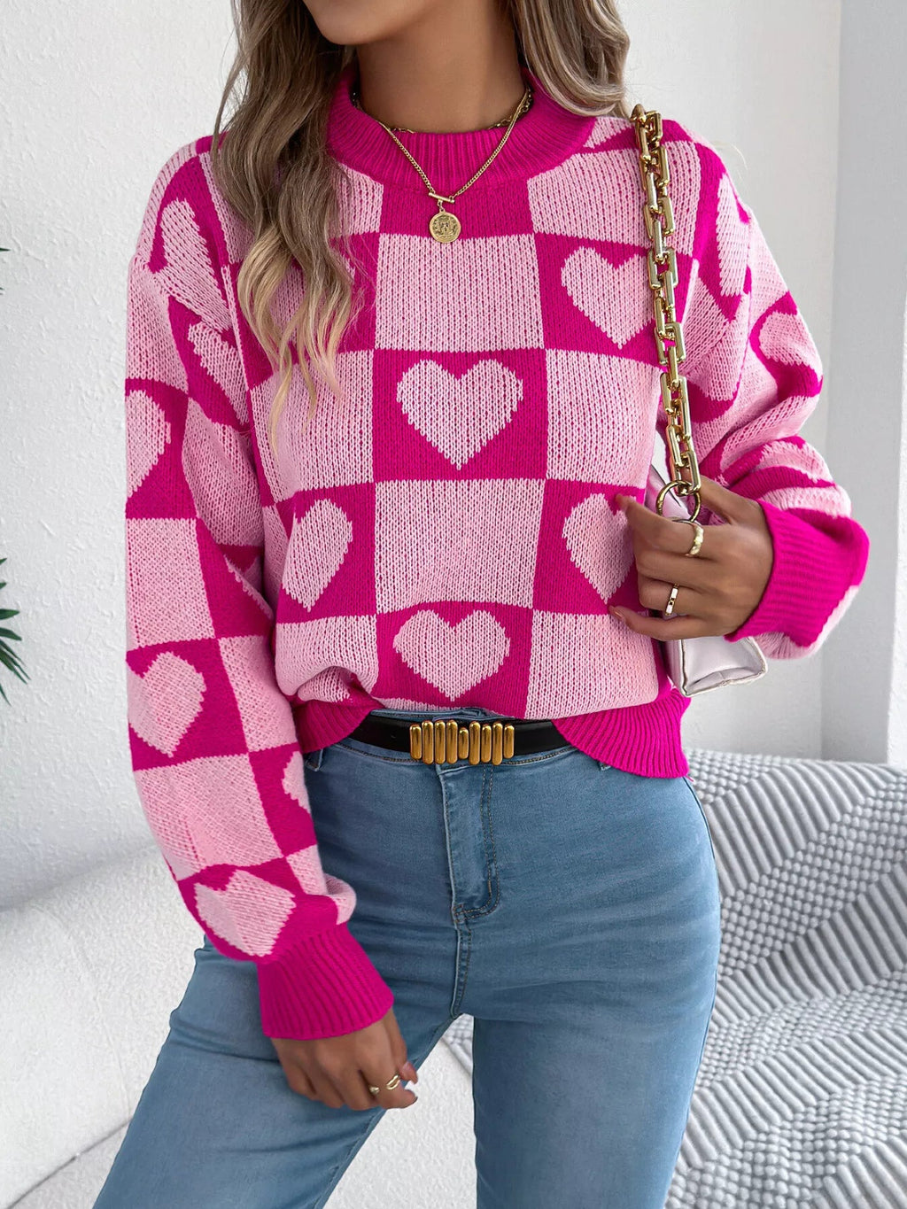 Heart Checkerboard Pattern Round Neck Sweater - Goddess Vibes