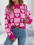 Heart Checkerboard Pattern Round Neck Sweater - Goddess Vibes