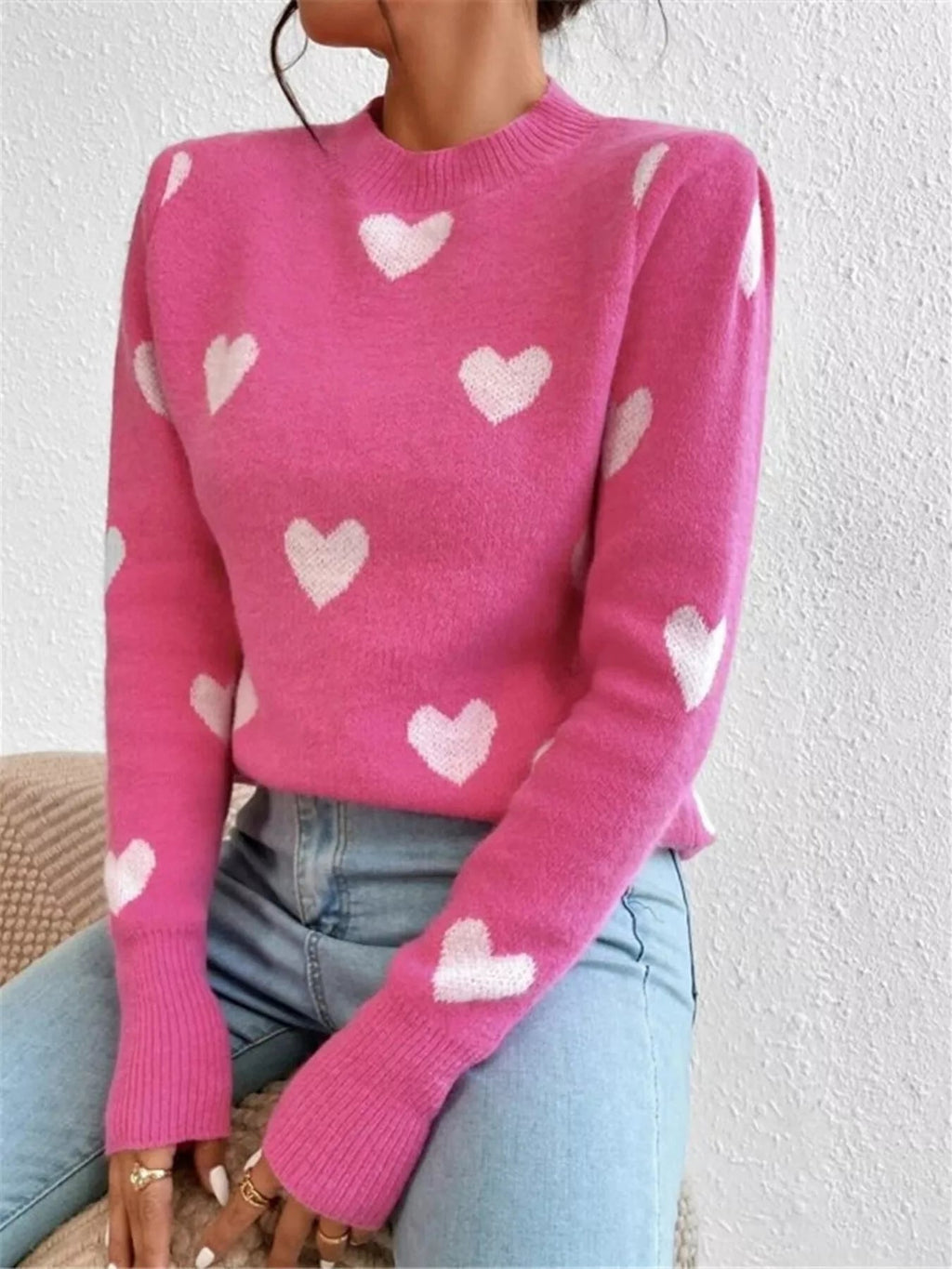Heart Pattern Round Neck Sweater - Goddess Vibes