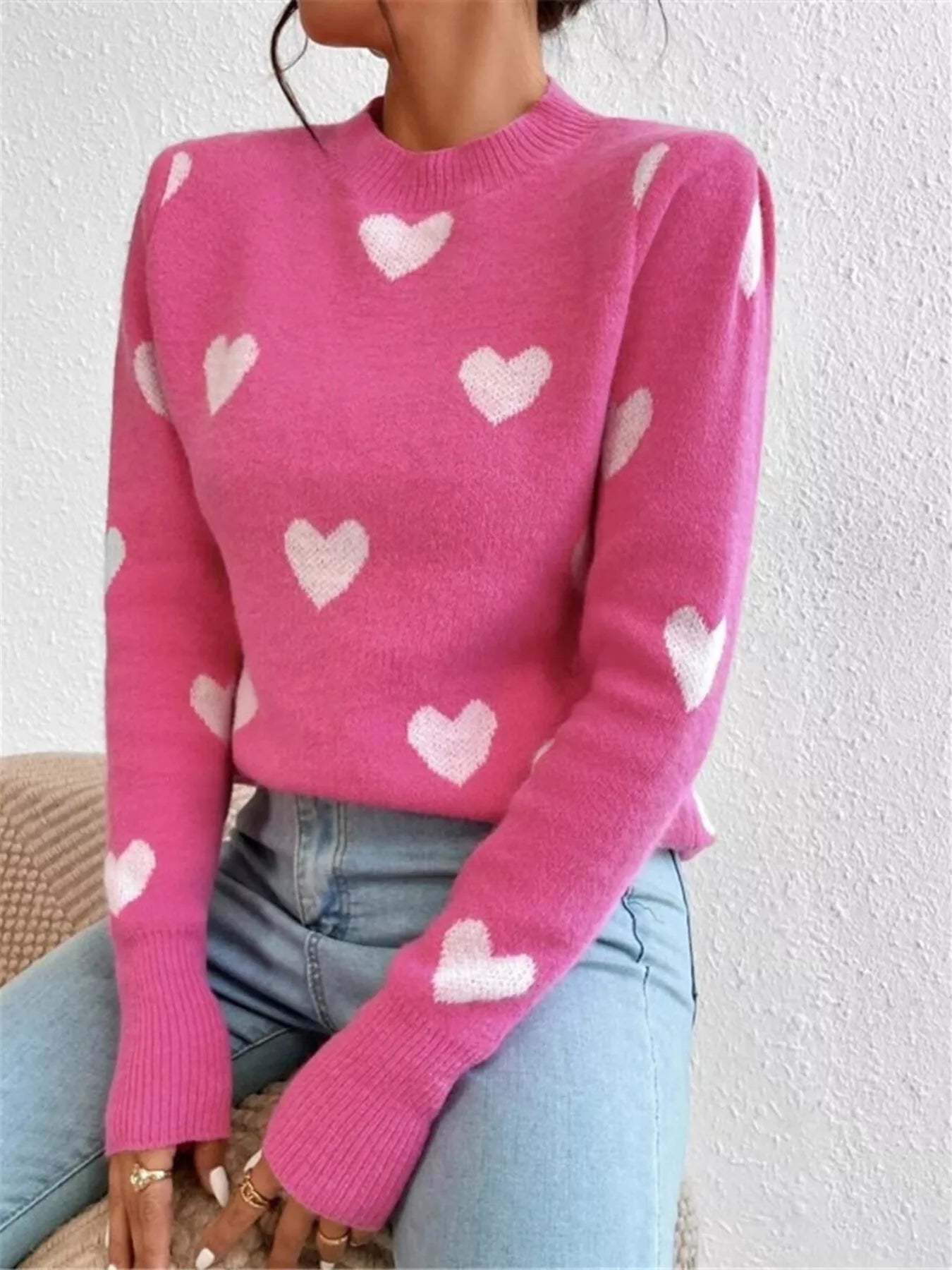 Heart Pattern Round Neck Sweater - Goddess Vibes