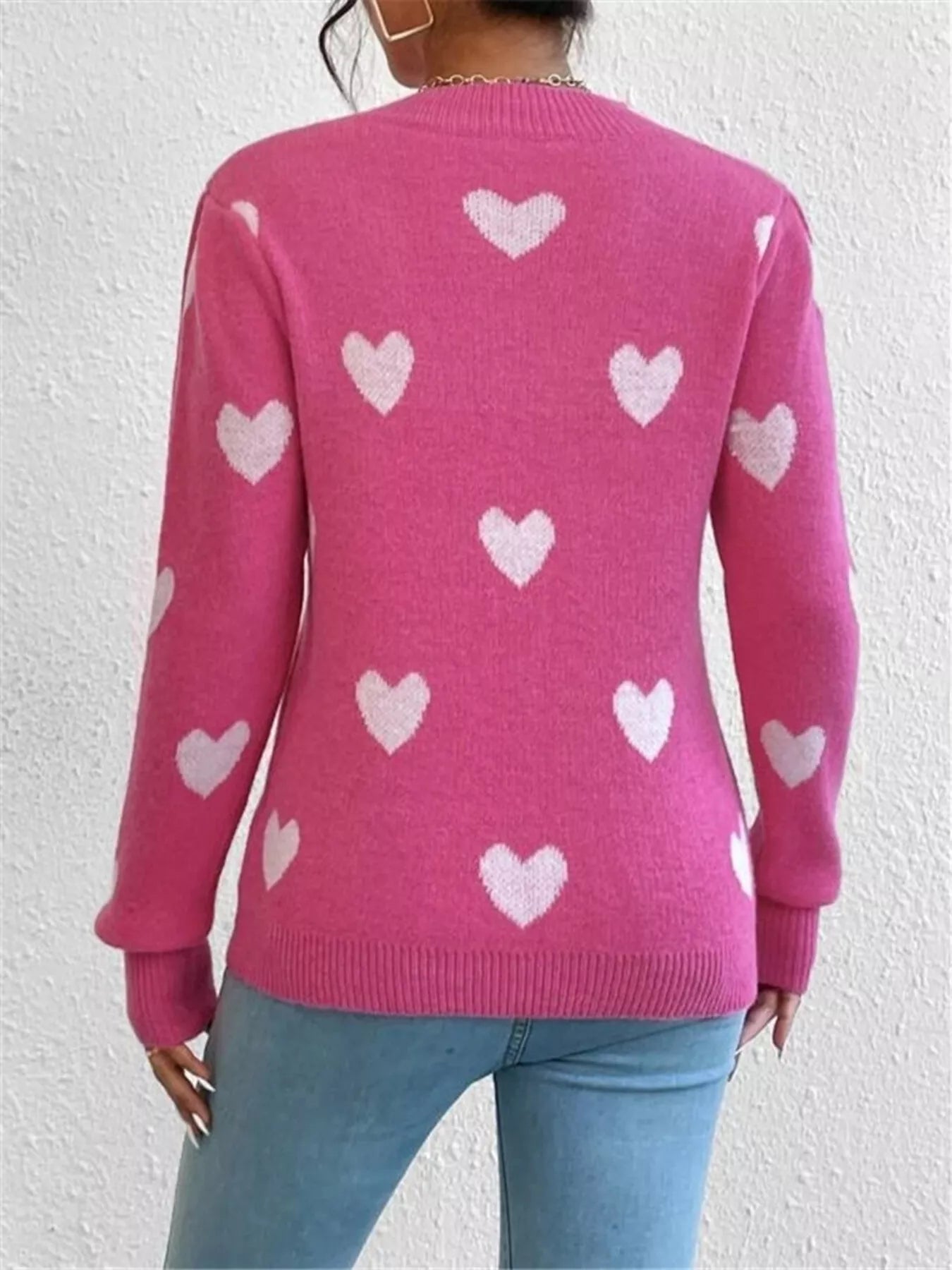 Heart Pattern Round Neck Sweater - Goddess Vibes