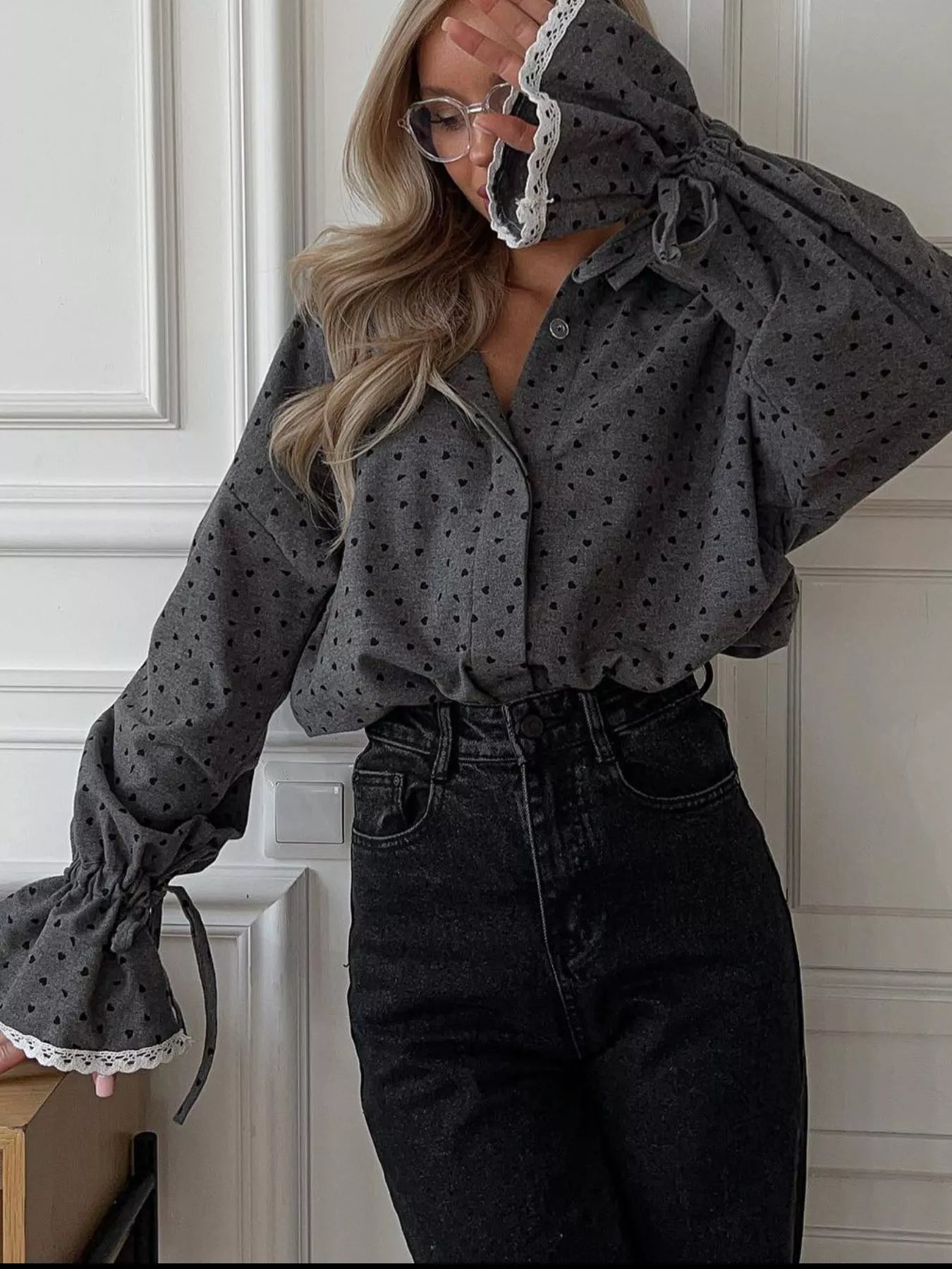 Heart Print Button Up Flounce Sleeve Shirt - Goddess Vibes