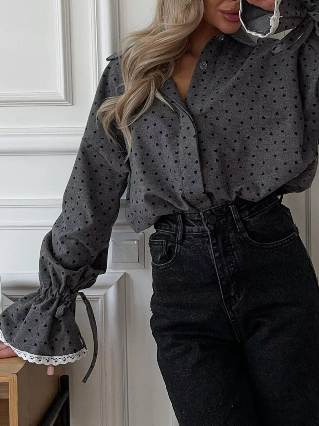 Crowned Energy CO. Dark Gray / S Trendsi Shirt Heart Print Button Up Flounce Sleeve Shirt