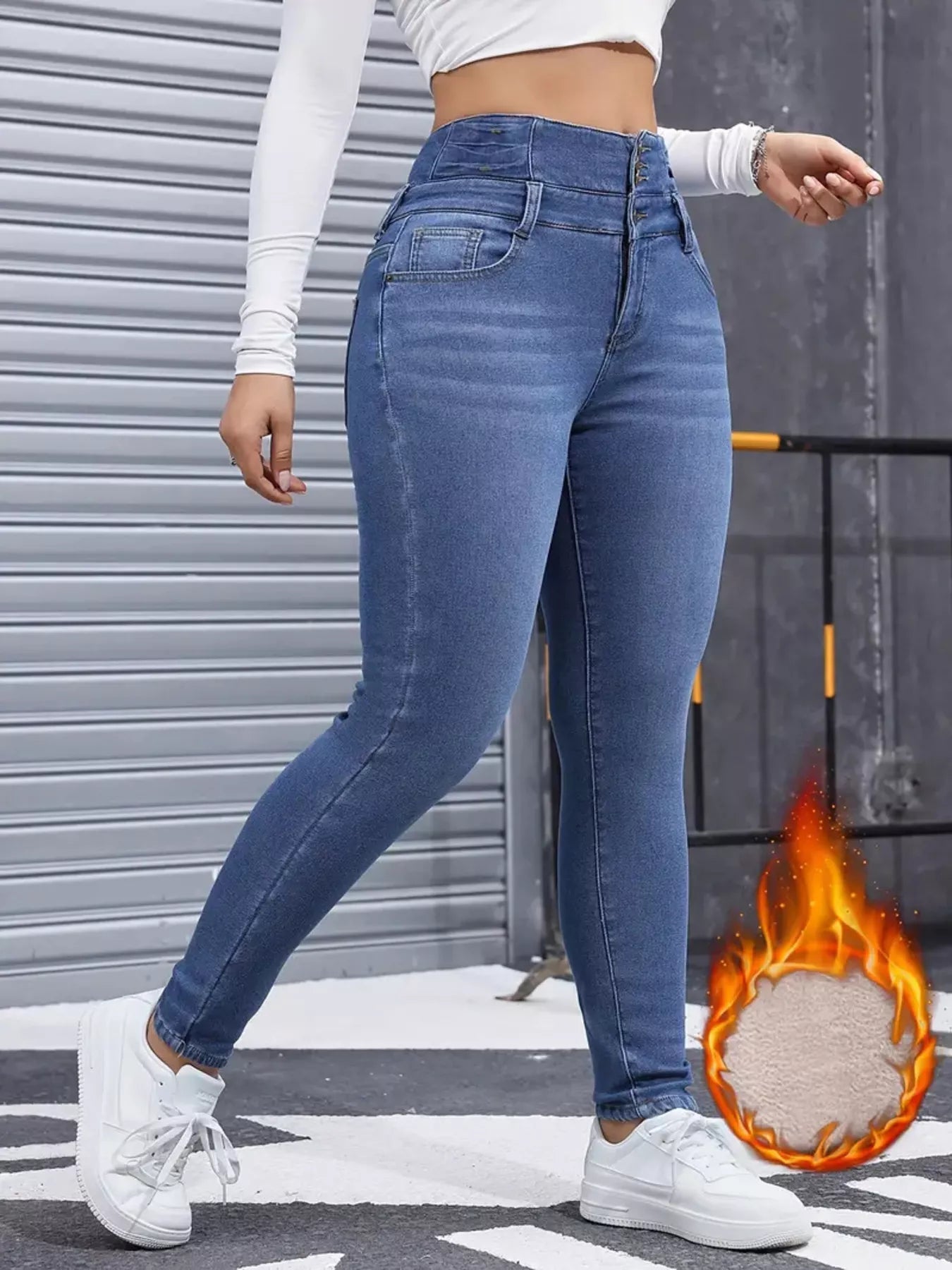 High - Waisted Slim Fit Fleece - Lined Jeans - Crowned Energy CO.