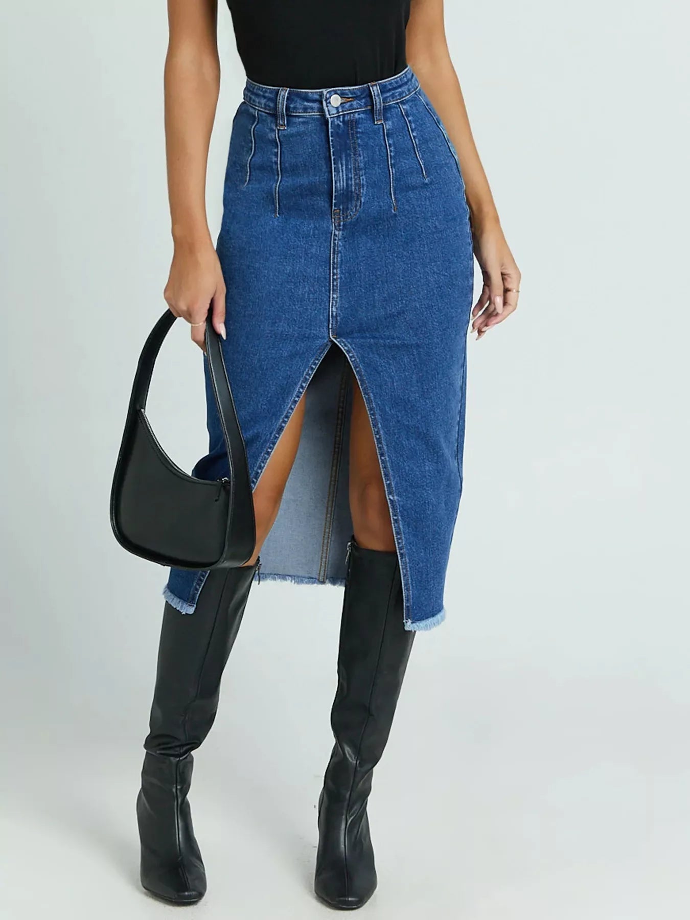 High - Waisted Slit Denim Skirt - Crowned Energy CO.