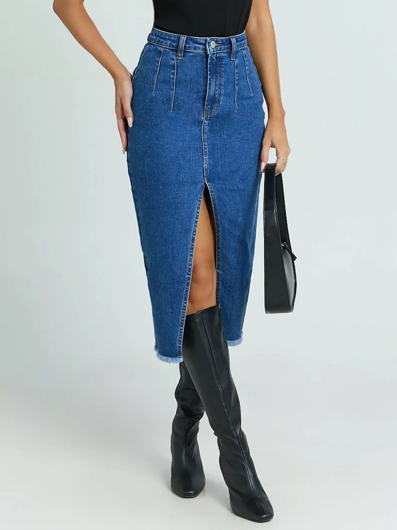 High - Waisted Slit Denim Skirt - Crowned Energy CO.