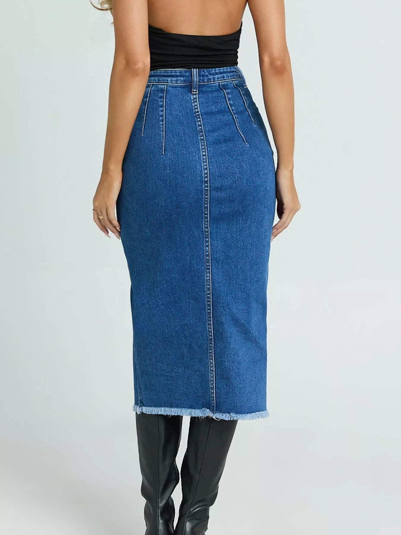 High - Waisted Slit Denim Skirt - Crowned Energy CO.
