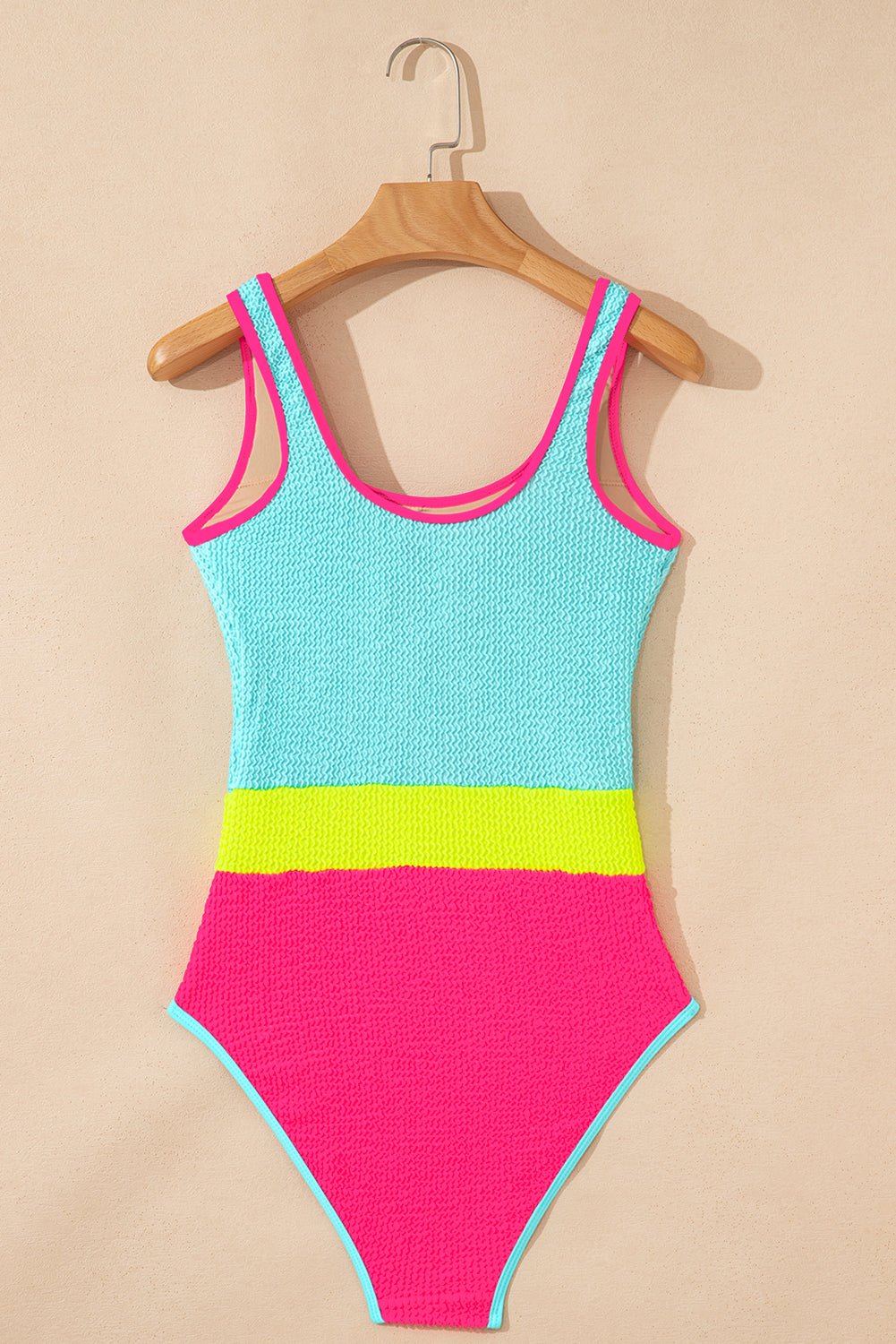 Iceland Blue Textured Color Block Patchwork One Piece Swimsuit - Crowned Energy CO.