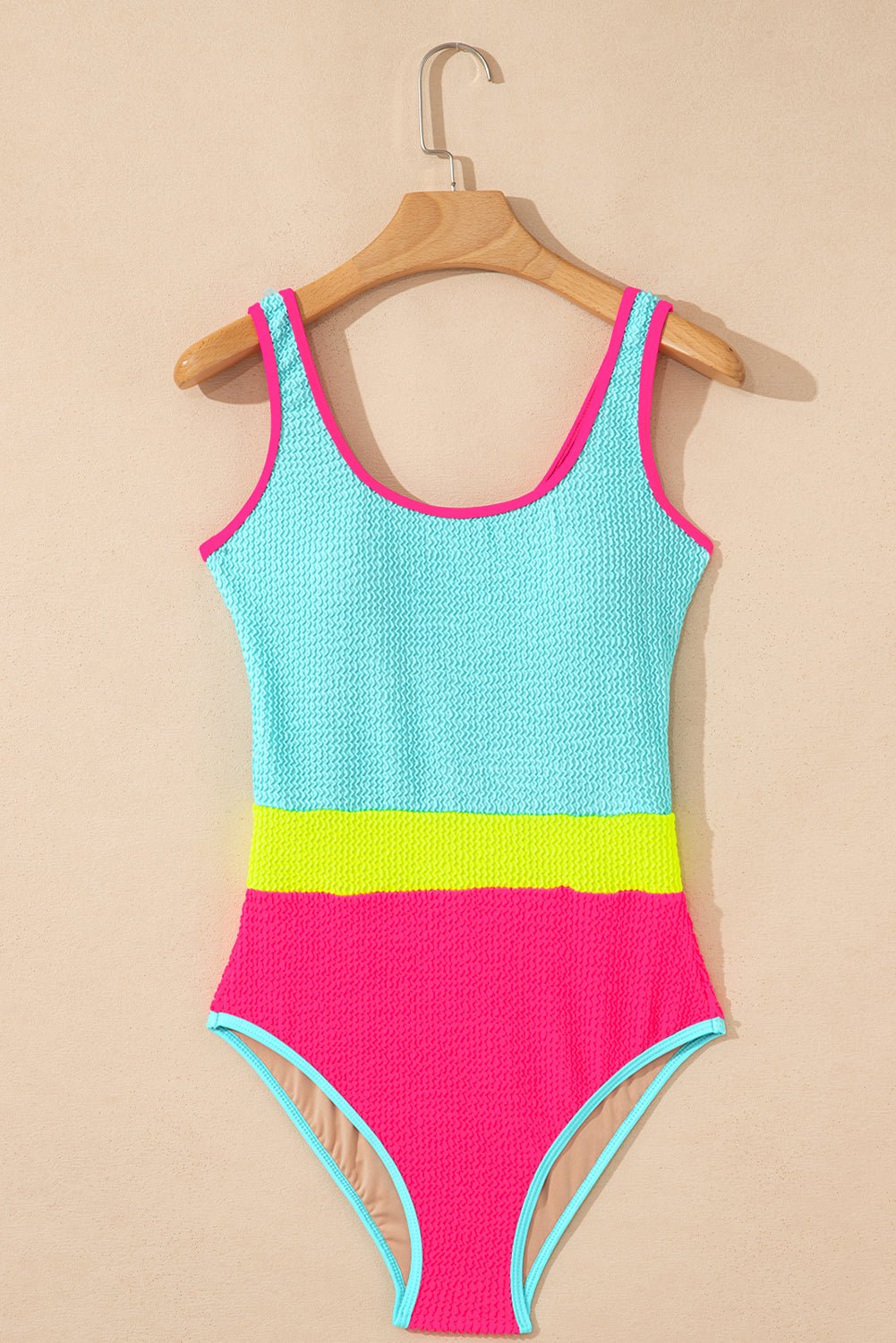 Iceland Blue Textured Color Block Patchwork One Piece Swimsuit - Crowned Energy CO.