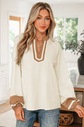 Jet Stream Color Block Patchwork Detail V Neck Textured Long Sleeve Blouse - Crowned Energy CO.
