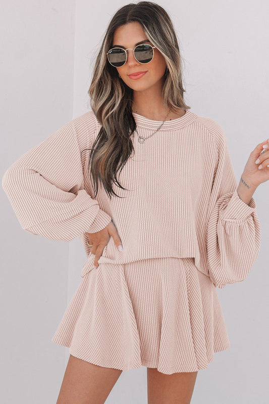 Jet Stream Corded Lantern Sleeve Top High Waist Ruffled Mini Skirt Set - Goddess Vibes