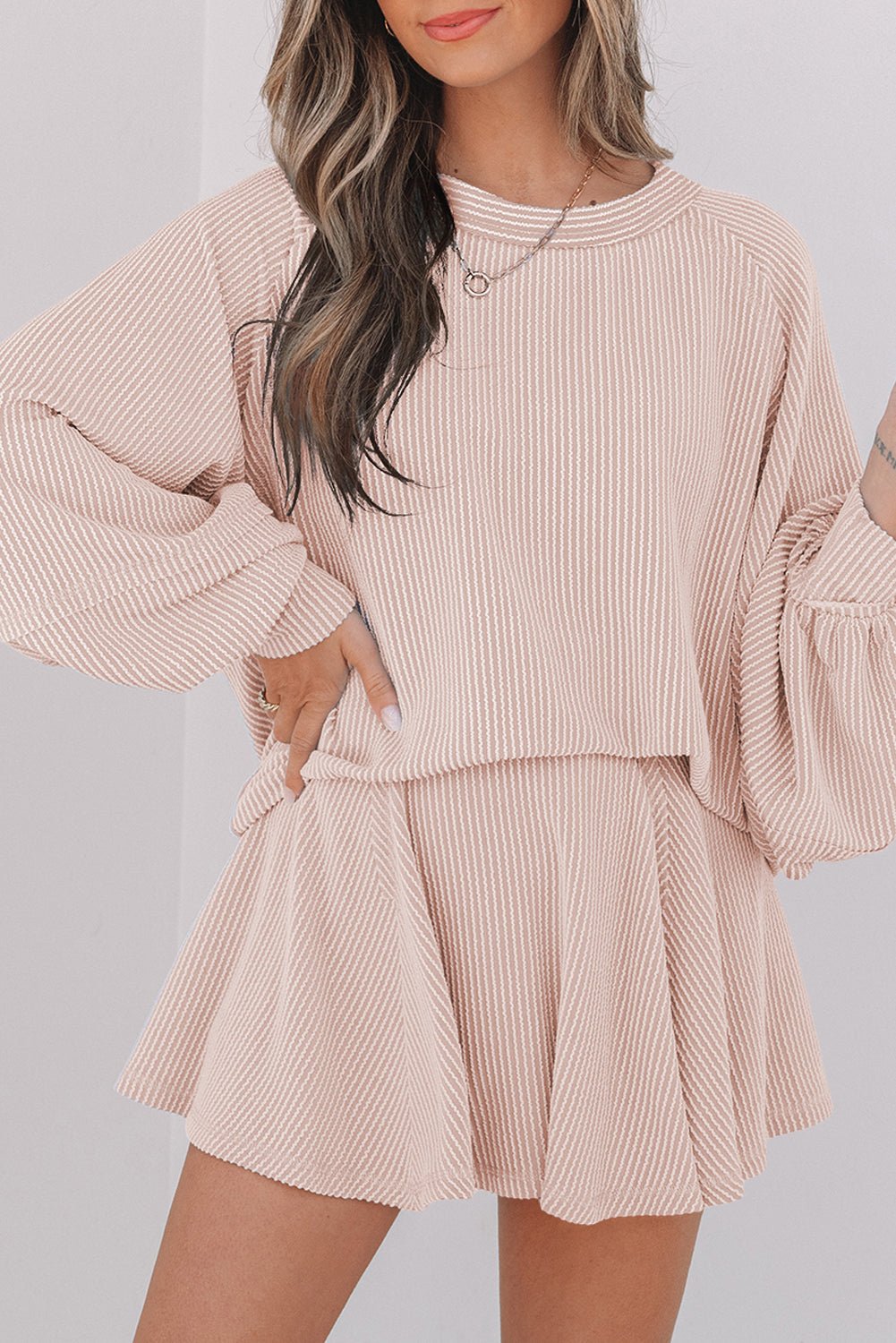 Crowned Energy CO. Jet Stream / S / 75%Polyester+20%Viscose+5%Elastane Dear-Lover Dropshipping Two Piece Sets/Two Piece Dresses Jet Stream Corded Lantern Sleeve Top High Waist Ruffled Mini Skirt Set