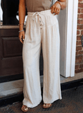 Jet Stream Drawstring Elastic Waist Button Pleated Detail Wide Leg Pants - Crowned Energy CO.