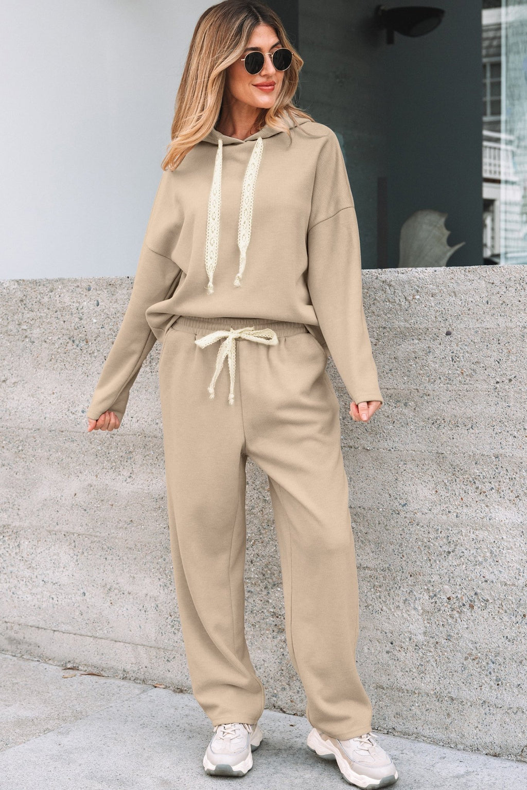 Crowned Energy CO. Jet Stream / S / 42.5%Polyester+40%Viscose+16%Polyamide+1.5%Elastane Dear-Lover Dropshipping Two Piece Sets/Pant Sets Jet Stream Lace Drawstring Pullover Hoodie and High Waist Pants Corduroy Suit
