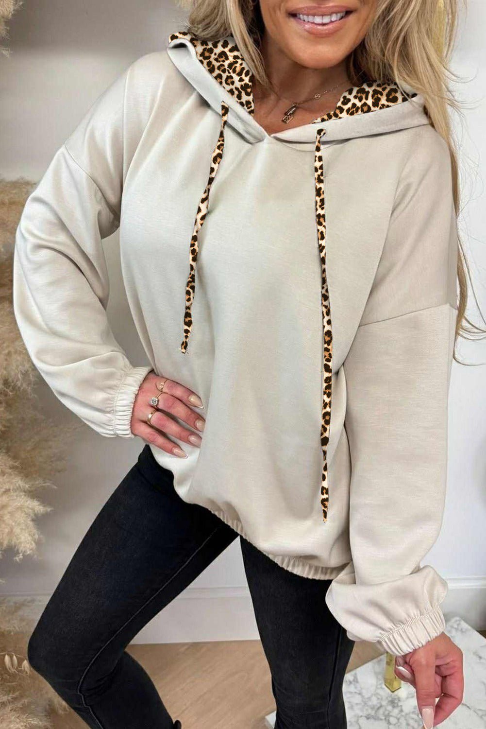 Jet Stream Leopard Contrast Drawstring Hood Drop Shoulder Loose Top - Crowned Energy CO.