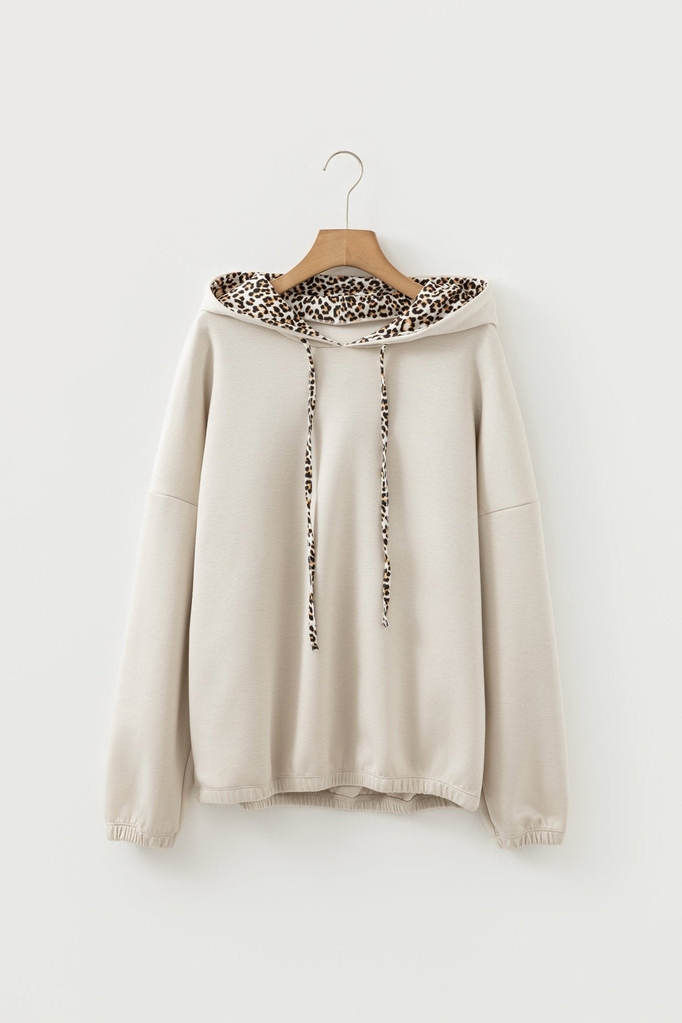 Jet Stream Leopard Contrast Drawstring Hood Drop Shoulder Loose Top - Crowned Energy CO.