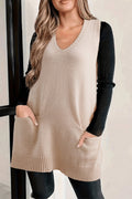 Jet Stream Ribbed Deep V Neckline Front Pocketed Loose Tunic Sweater Vest - Crowned Energy CO.