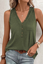 Jungle Green Half Button V Neck Patched Pocket Tank Top - Goddess Vibes