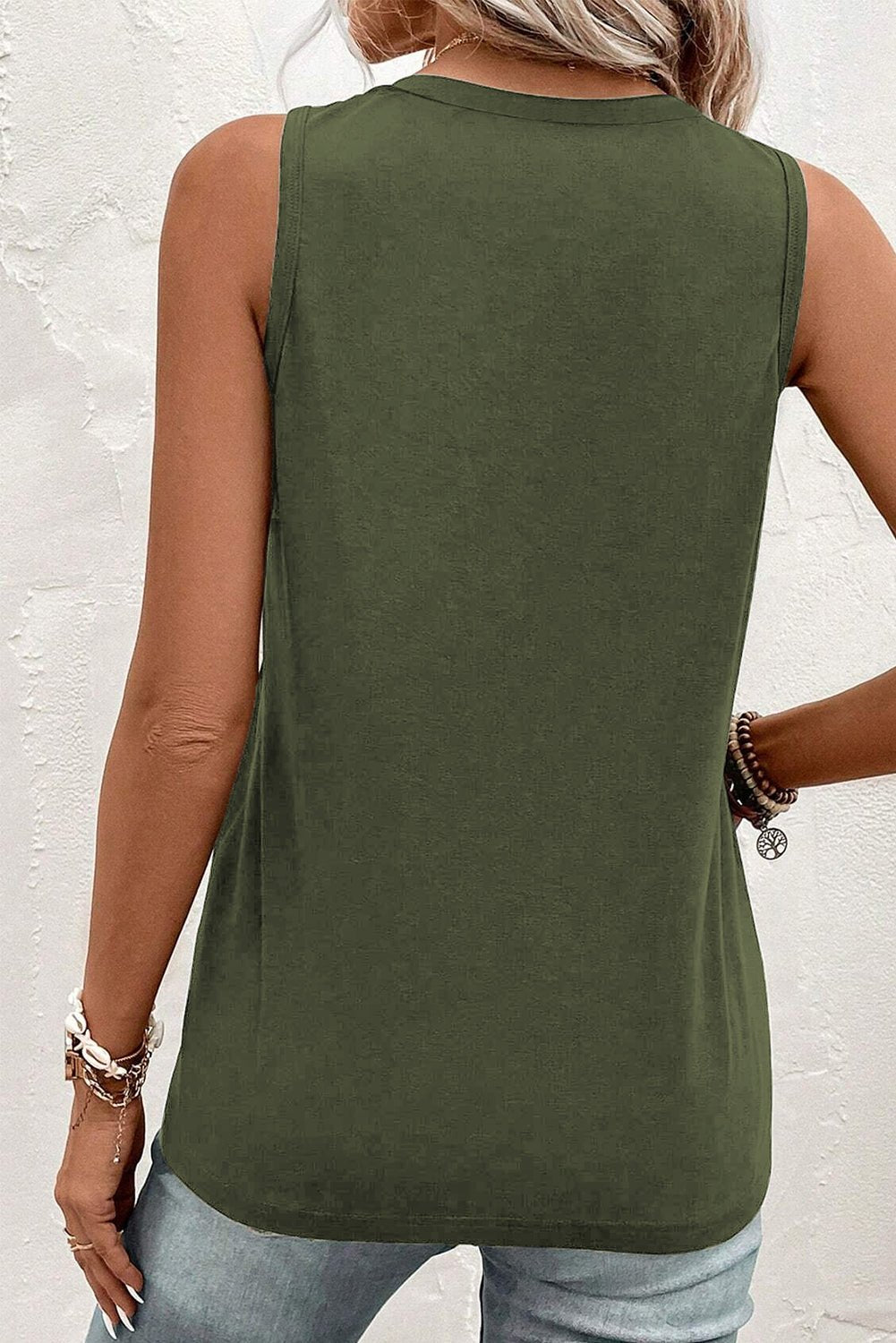Jungle Green Half Button V Neck Patched Pocket Tank Top - Goddess Vibes