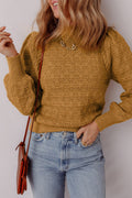 Jurassic Gold Hollow Out Crochet Ribbed Edge Balloon Sleeve Sweater - Crowned Energy CO.