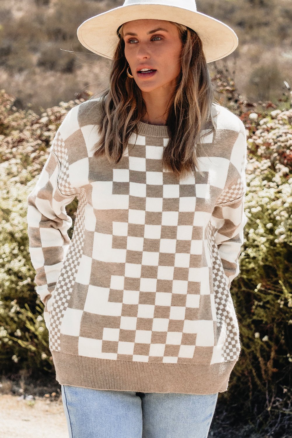 Khaki Checkered Print Drop Shoulder Round Neck Sweater - Crowned Energy CO.