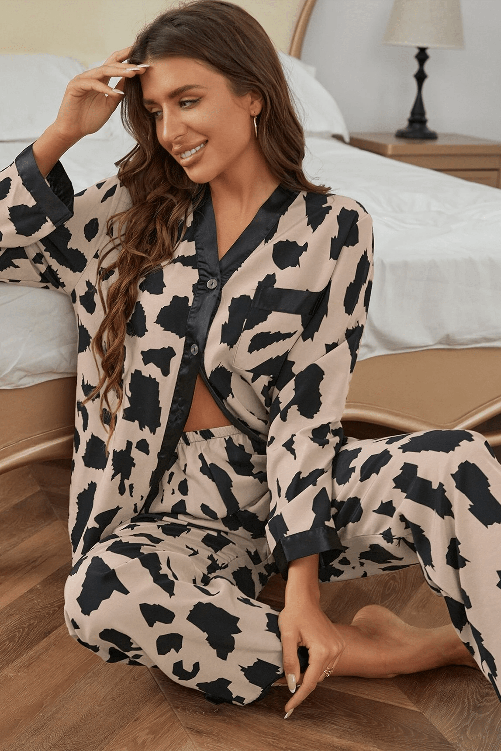Khaki Cheetah Contrast Trim Loose Fit Two Piece Sleepwear - Goddess Vibes