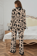 Khaki Cheetah Contrast Trim Loose Fit Two Piece Sleepwear - Goddess Vibes